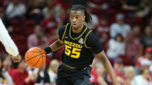 Feb 24, 2024; Fayetteville, Arkansas, USA; Missouri Tigers guard Sean East II (55) during the first half against the Arkansas Razorbacksat Bud Walton Arena. Arkansas won 88-73. 